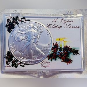 2022 Silver American Eagle in Christmas holder! Great for stockings!! SILVER!